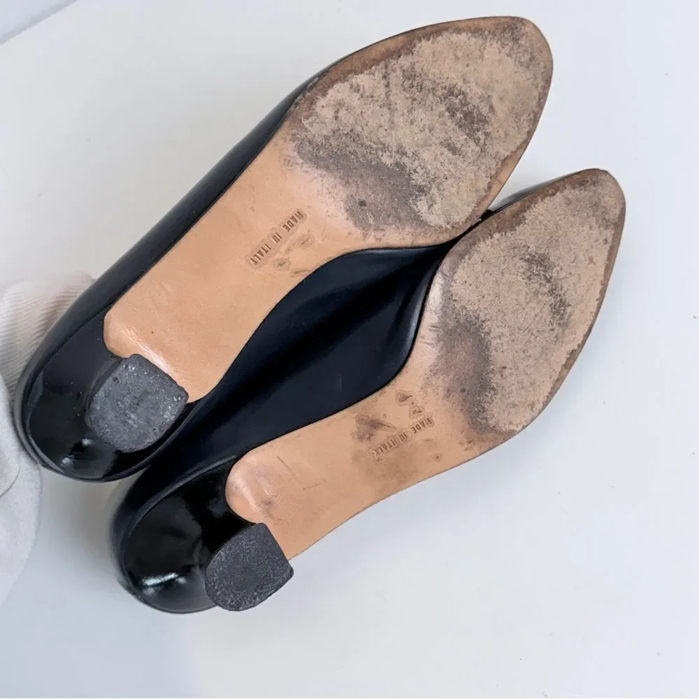 Salvatore Ferragamo Vintage Navy Black Patent Leather Kitten Heels 6.5 IOB